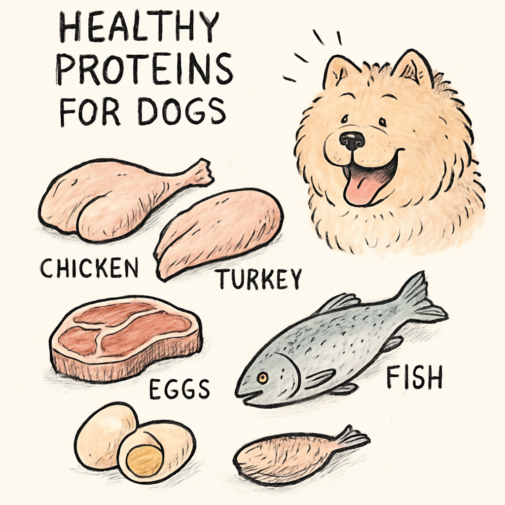 Healthy proteins for dogs - chicken, turkey, beef, eggs, and fish with a Chow Chow